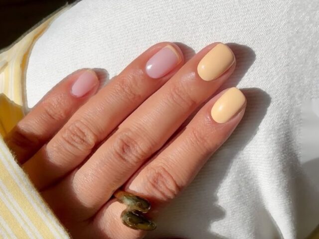 Krótki manicure pastelowy żółty i mikro-french Oxxi