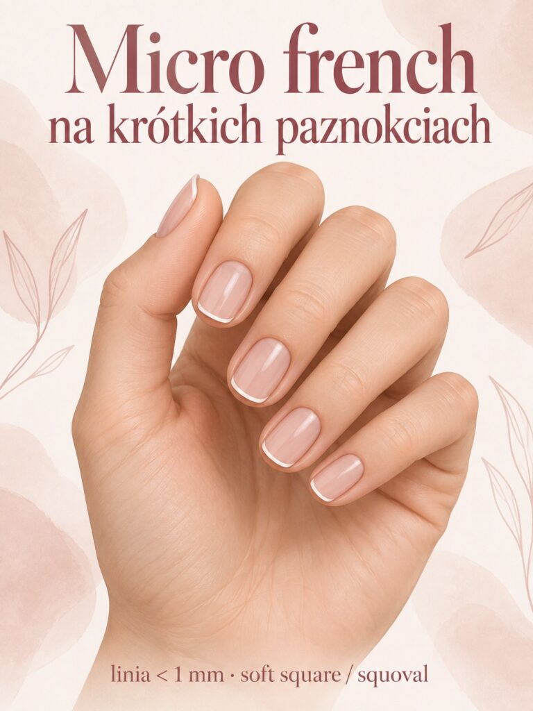 Micro french na krótkich paznokciach — linia poniżej 1 mm, soft square / squoval