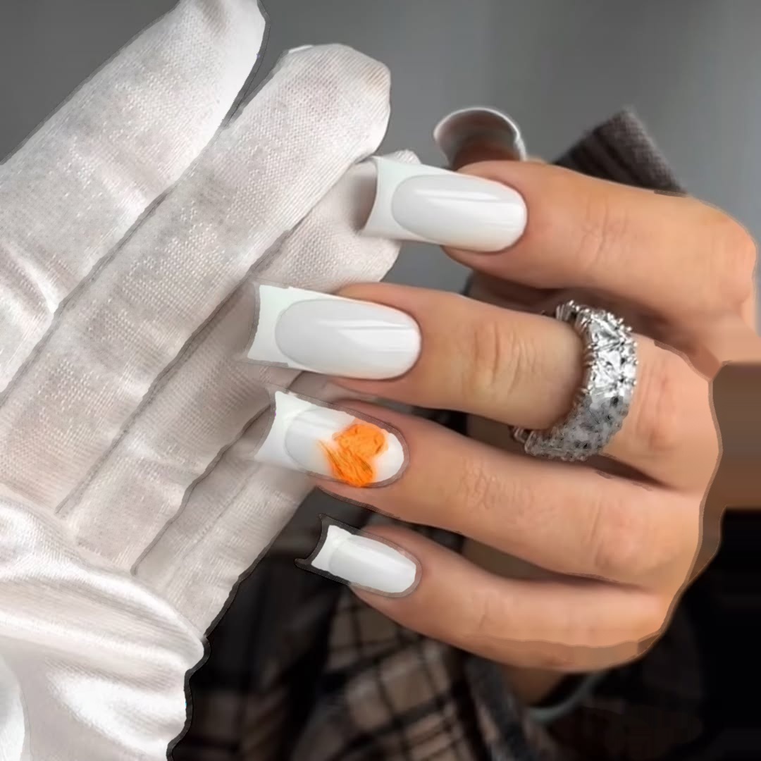 Długi kwadrat biały french pomarańcz NeoNail